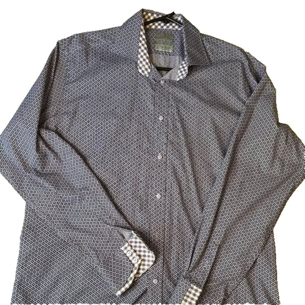 Thomas Dean Mens long sleeve button-down shirt, blue paisley, size L